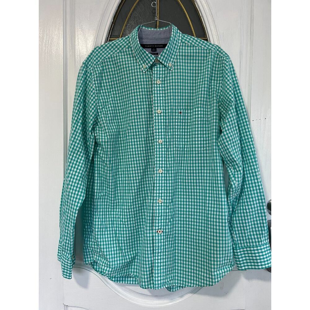 TOMMY HILFIGER Classic Fit Cotton long sleeve plaid aqua green shirt Men size M‎